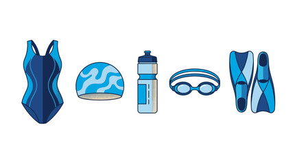 Swimming Equipment Icon Set: Swimsuit, Swim Cap, Water Bottle, Goggles, and Flippers. Vector Illustration of Aquatic Sports Gear for Professional Training and Fitness. © Yessy