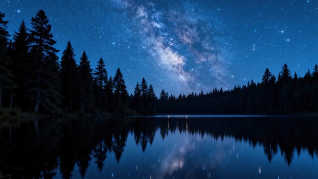 Night sky with stars and forest reflection