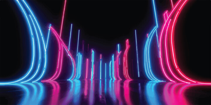 Futuristic blue and pink neon light trails reflecting on dark surface