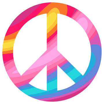 Iconic pacifist peace sign featuring colorful fluid swirls representing harmony, freedom, and 1960s retro hippie culture. (cut out)