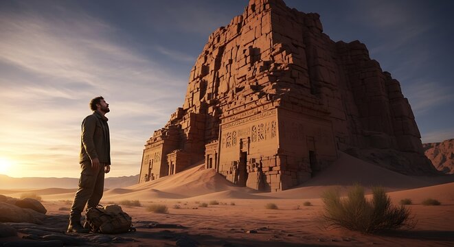 Lone figure gazes at colossal ancient desert structure bathed in sunset glow