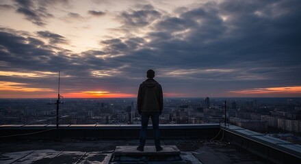 Fototapeta premium Lone figure gazes at urban sprawl under dramatic sunset sky