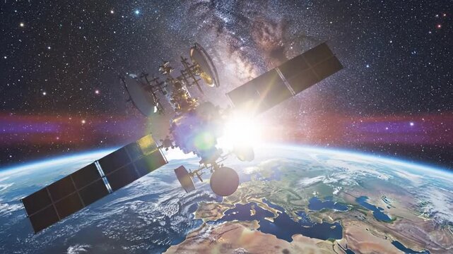 Satellite orbiting planet earth in space with sunlight and stars