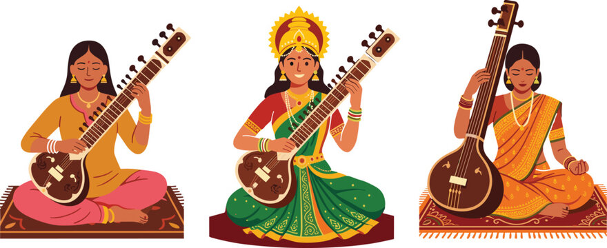 Indian Women Playing Sitar Instrument Collection with Traditional Cultural Clothing and Classical Music Vector Illustration Set