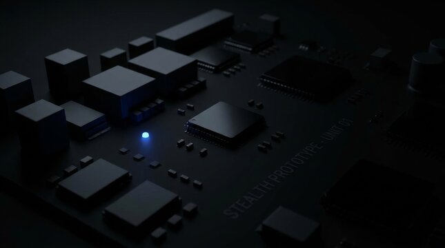 Computer motherboard with illuminated central processing unit in dark studio lighting