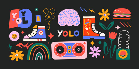 Colorful illustration of skateboard brain burger and other youth culture elements © Rakesh