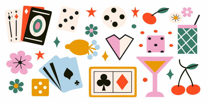 Casino game elements illustration with playing cards dice and cherries