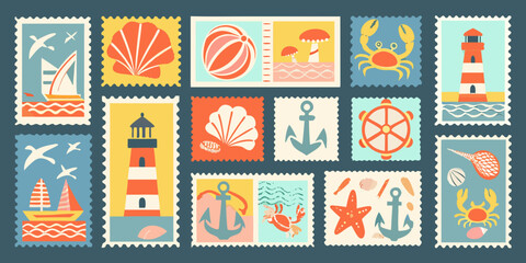 Retro style postage stamps featuring beach and nautical themes © Rakesh