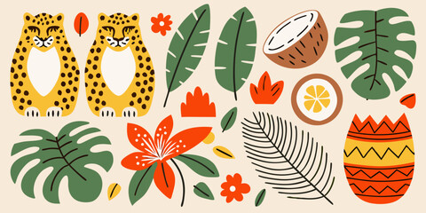 Tropical flora and fauna illustration with leopards leaves and fruit © Rakesh