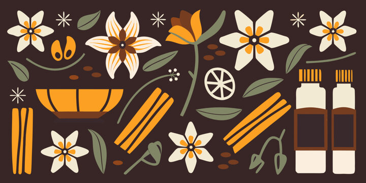 Vanilla flowers and cinnamon sticks stylized illustration on brown background