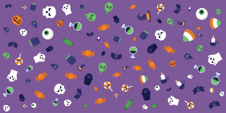 halloween icons and symbols pattern on purple background