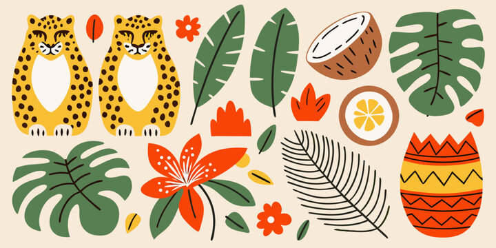Tropical flora and fauna illustration with leopards leaves and fruit