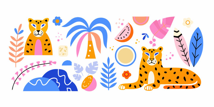 Tropical scene with jaguars plants and fruit colorful vector illustration