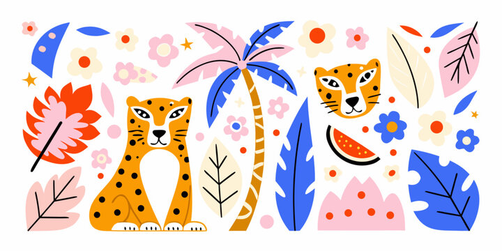 Stylized illustration of two jaguars with tropical foliage and fruit