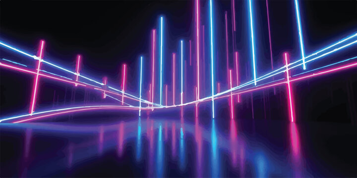 Abstract intersecting blue and pink neon light lines on dark background