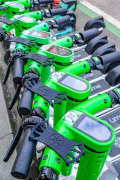 Munich, Germany - April 2: typical electro scooter at a sidewalk in munich on April 2, 2025
