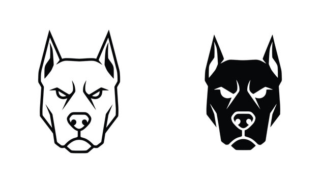 Strong pitbull dog head mascot logo with outline and solid black silhouette versions for sports team branding pet security company identity and aggressive canine animal power symbol graphics