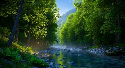 Obraz premium Lush green forest with a winding stream and misty mountains in soft sunlight