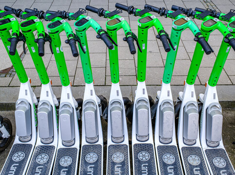 Munich, Germany - April 2: typical electro scooter at a sidewalk in munich on April 2, 2025