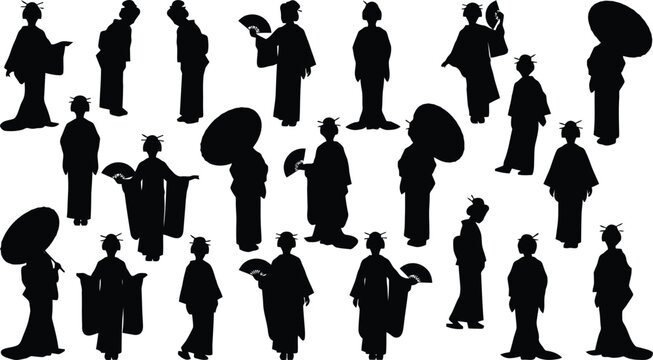 Collection of elegant Japanese geisha silhouettes wearing traditional kimono outfits and holding fans on transparent background