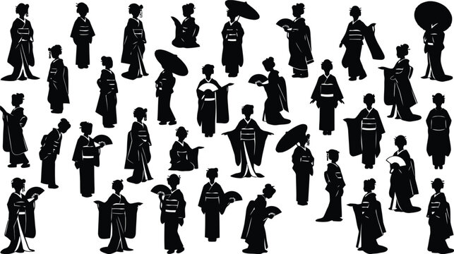A collection of various traditional japanese geisha silhouettes wearing kimonos displayed on transparent background