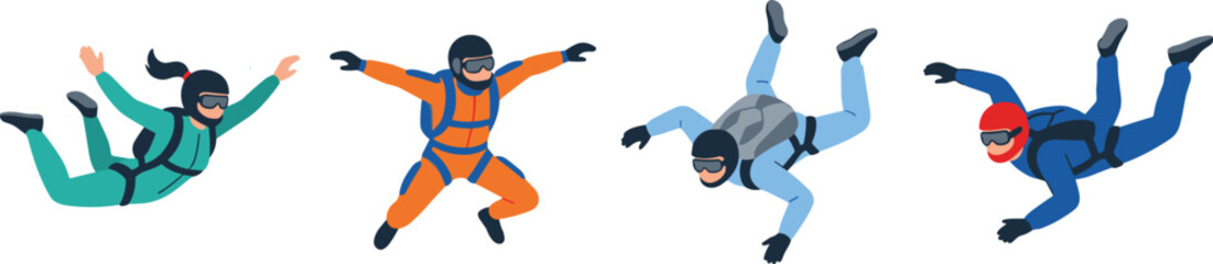 Skydiving Adventure Character Collection with Parachute Jumpers in Freefall Poses and Extreme Sport Flat Vector Illustration Set © Najir