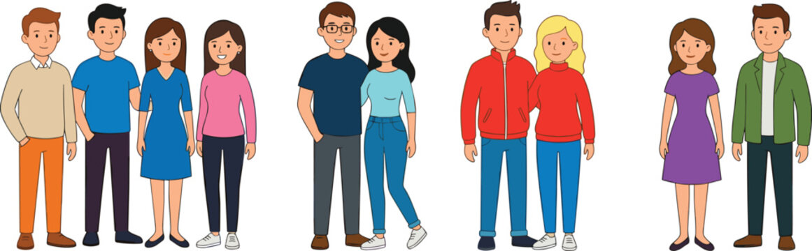 Young People and Couples Character Collection with Casual Clothing Styles and Modern Flat Vector Illustration Set