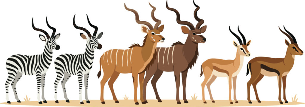 African Safari Wildlife Collection with Zebra Kudu and Gazelle Animals Standing in Natural Flat Vector Illustration Style