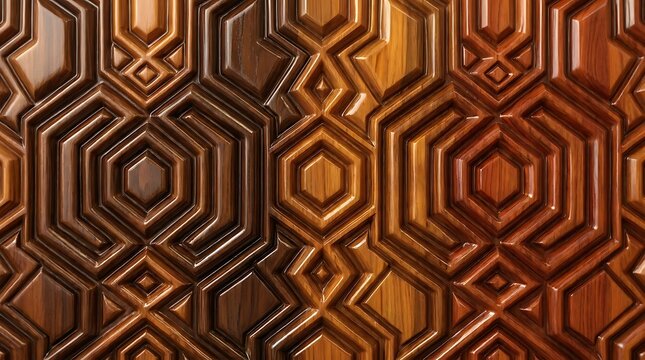 Intricate geometric relief pattern carved into polished dark and light wood surface providing texture
