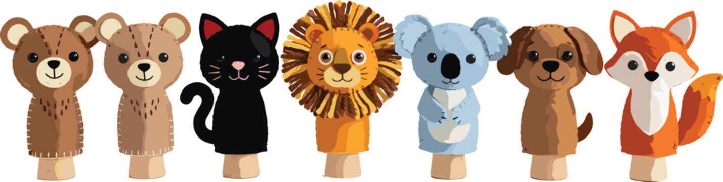 Cute Woodland and Safari Animal Hand Puppets Collection with Bear Cat Lion Koala Dog and Fox Vector Illustration Set