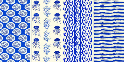 blue and white nautical patterns with jellyfish and wave motifs © Prince