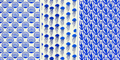 seamless patterns with blue seashell jellyfish and abstract wave motifs © Prince
