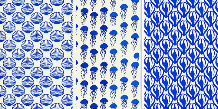 seamless patterns with blue seashell jellyfish and abstract wave motifs