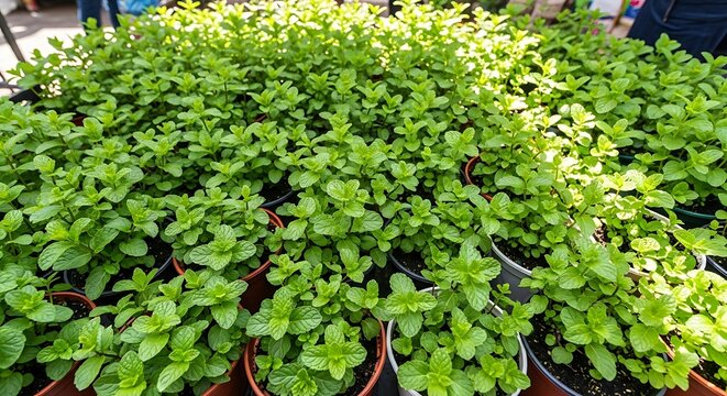 Lush green potted mint plants filling the frame under bright sunlight