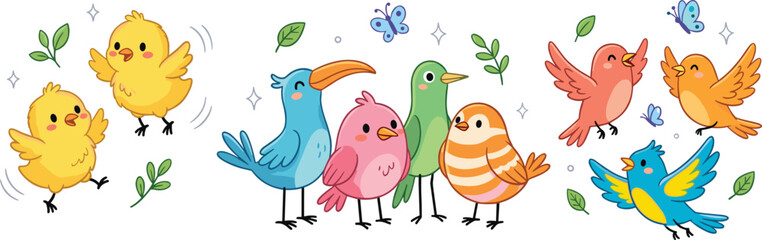 Obraz premium Cute Cartoon Bird Illustration Set with Colorful Baby Chicks, Flying Songbirds, and Adorable Nature Character Designs