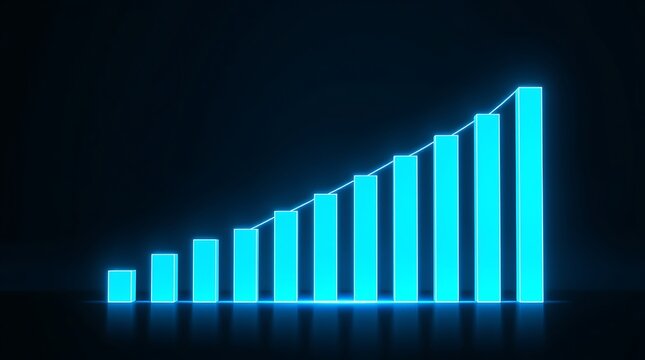 Neon bar graph increasing in height illuminated blue chart on dark background high quality professional