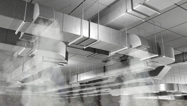 Ventilation engineering, HVAC system. Ceiling ductwork and diffusers release airflow across a large commercial interior. 3D image