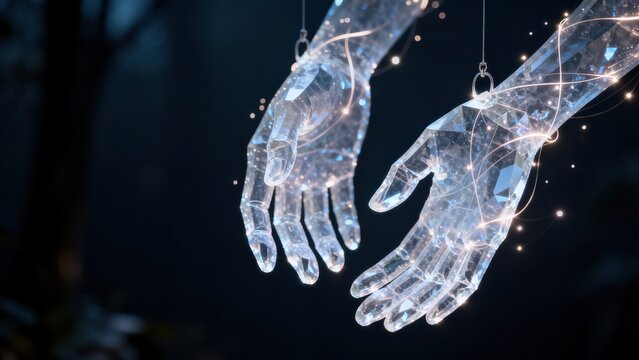 Crystal hands suspended in dark space