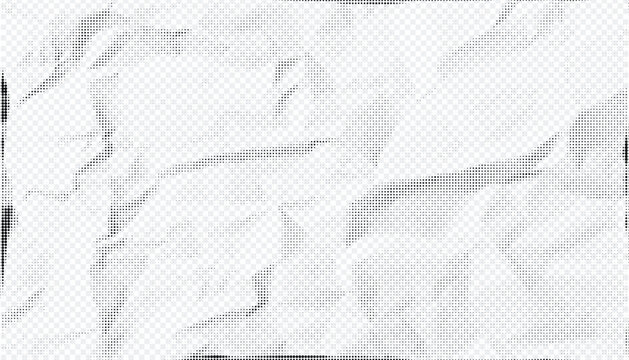 Halftone crumpled paper texture with black a dotted, rough, and wrinkled surface. Wite creased sheet background in comic pop-art style, featuring grainy folds and gritty distressed details.