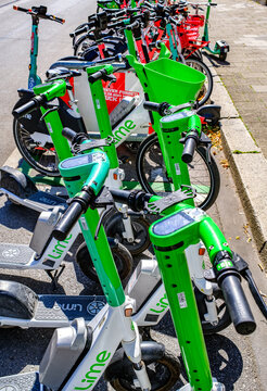 Munich, Germany - June 25: typical electro scooter at a sidewalk in munich on June 25, 2025