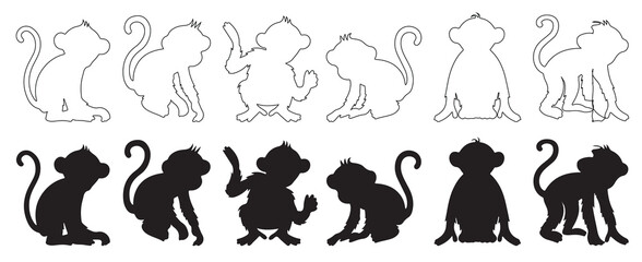 Collection of monkey silhouettes. Black monkey silhouettes in various dynamic poses, including climbing, walking, and crouching, isolated, vector illustration. © Fahad tray rose