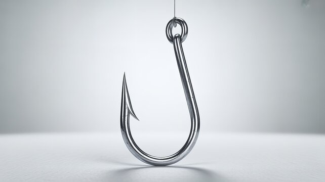 Stainless steel fish hook suspended against plain white background