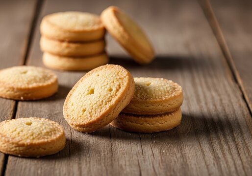 Classic buttery shortbread biscuits arranged beautifully on a rustic wooden table, highlighting the rich texture and traditional baking style, food, treat, sugar