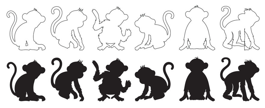 Collection of monkey silhouettes. Black monkey silhouettes in various dynamic poses, including climbing, walking, and crouching, isolated, vector illustration.