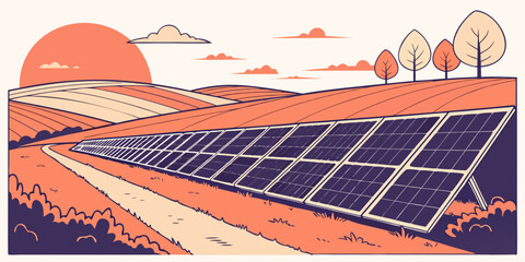 Solar energy farm at sunset in flat minimalist illustration with renewable sustainable environment landscape electricity technology industry sunlight infrastructure alternative production © Sp