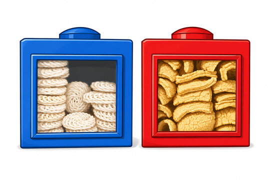 Digital illustration of red and blue toy building block containers filled with Indonesian crackers and snacks isolated on white background, creative food storage concept