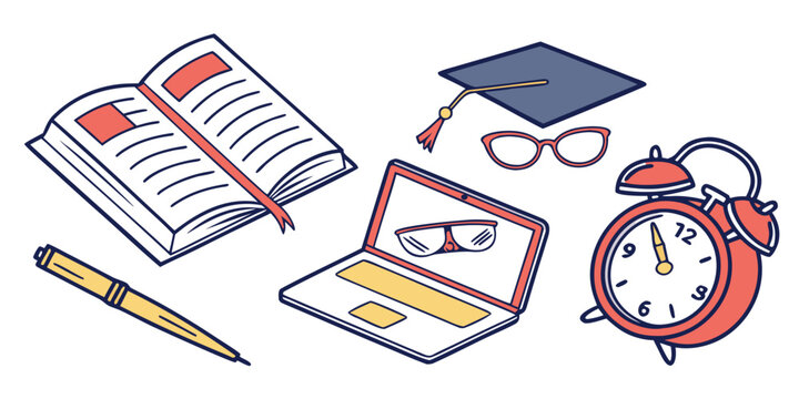 Student workspace essentials with open book laptop graduation cap and alarm clock education graduation learning academic university knowledge deadline research technology classroom homework