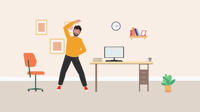 A Stock Animation Video Of Man Stretching at Home Office Desk During Remote Work Break for Wellness 