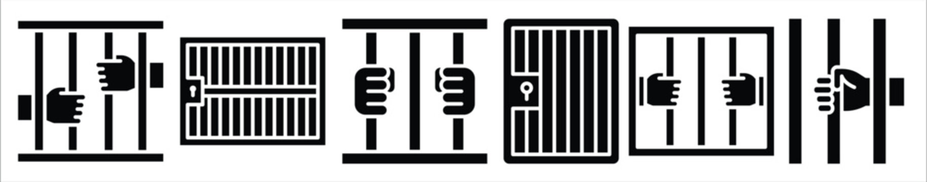 Prison icon set on white background. Jail icon, symbol collection, minimal flat black prison bars icon set. Jail icon pack on white background, vector illustration.