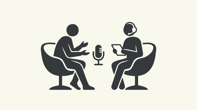 Engaging professional interview or insightful podcast discussion, visually represented with two figures communicating
